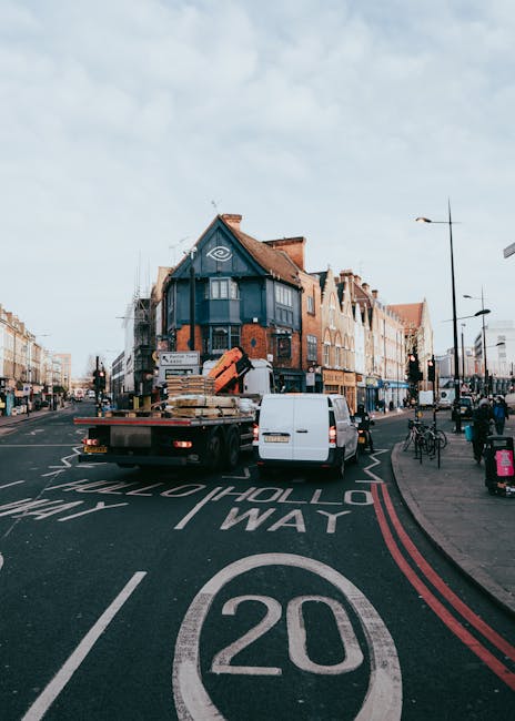 A view of a residential street in Stoke Newington featuring a row of pastel-coloured Victorian-style terraced houses with bay windows and decorative facades, painted mainly in light blue, white, and yellow. Several parked cars line the curb, including a mix of compact and larger vehicles, on the right side of the street. The road surface is asphalt, with a pedestrian crossing marked by white lines and a small traffic island or curb in the foreground. To the left, a large leafy tree with dark green foliage partially obscures the view of the houses and casts shadows over part of the street. A green metal fence borders a landscaped area with some plants and a brick base. The sky is overcast, creating diffuse lighting conditions. This scene depicts an urban environment suitable for residential house removals and furniture transport, as handled by companies like Man with Van Stoke Newington, who manage packing, loading, and parking logistics in busy neighbourhoods.